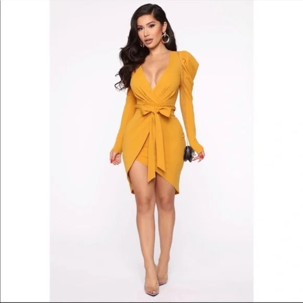Fashion Nova Mustard Long Sleeve Dress